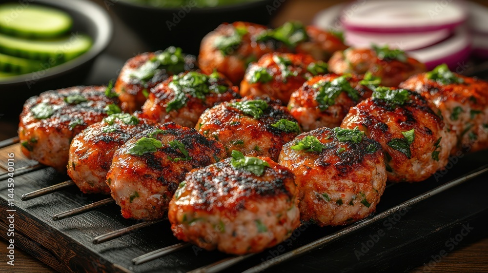 Grilled chicken skewers, garnished with fresh herbs Grilled chicken skewers, garnished with fresh herbs