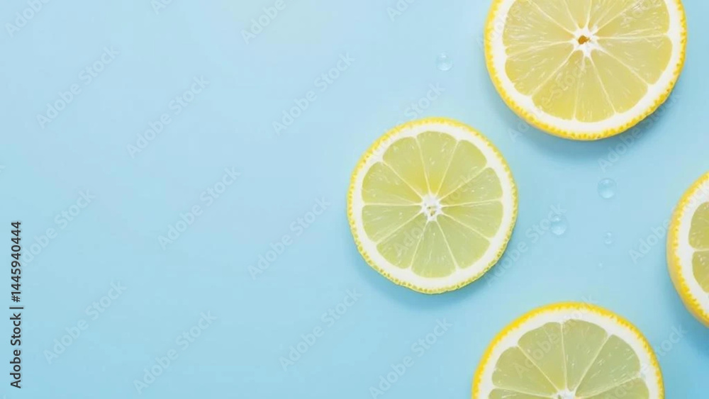 Slices of lemons on blue background.