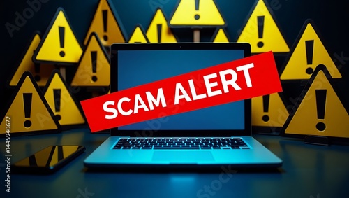 A laptop displaying a 'Scam Alert' message, surrounded by yellow warning signs, emphasizing cybersecurity awareness.
