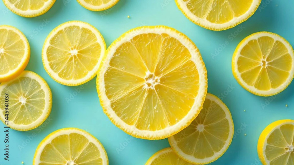 Slices of lemons on blue background.