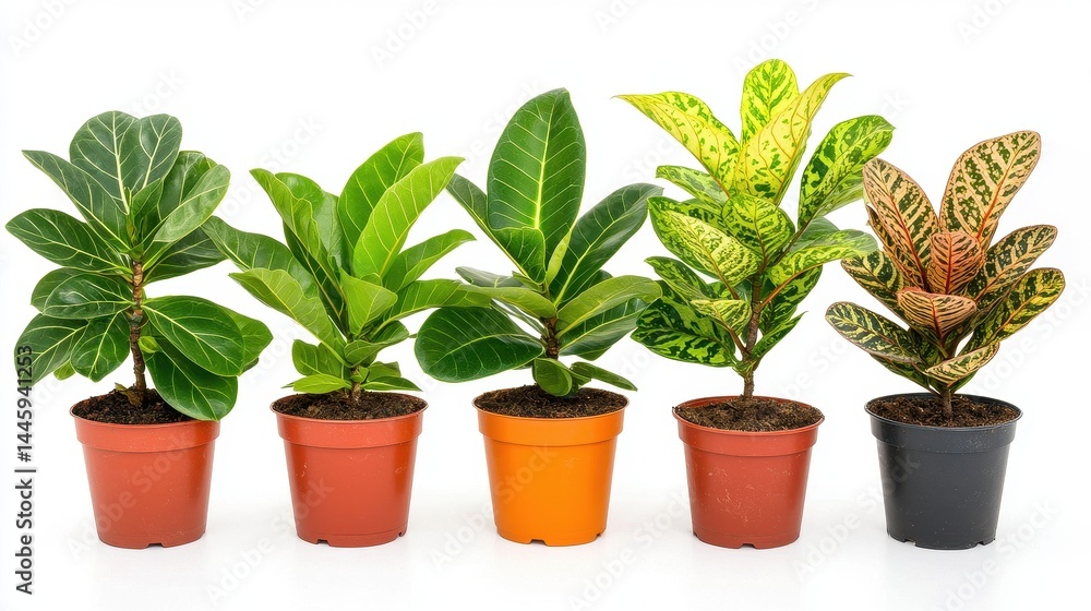 Five Colorful Croton Plants in Small Pots Against White Background Five Colorful Croton Plants in Small Pots Against White Background