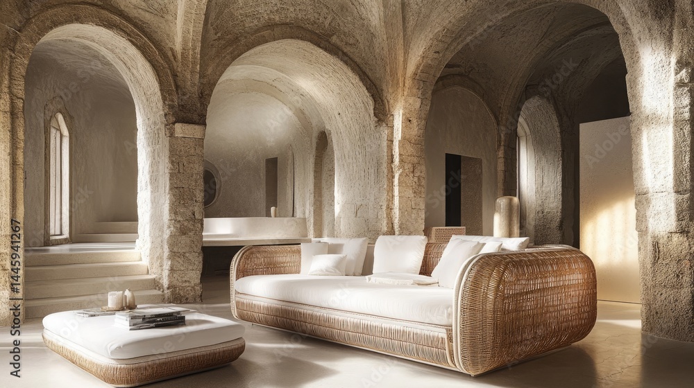 Fototapeta premium Rustic, light-filled living space with a woven rattan sofa.