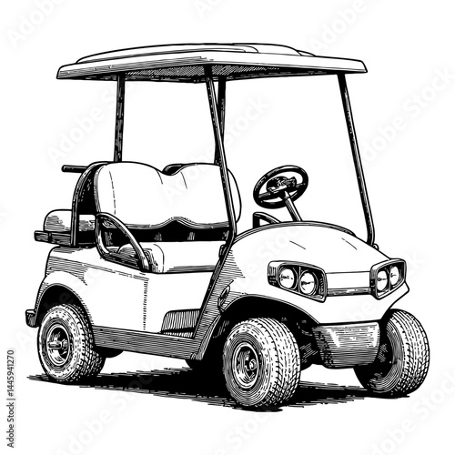 Golf Cart Vehicle Black and White Outline Line Art Drawing Style Isolated Detailed Illustration