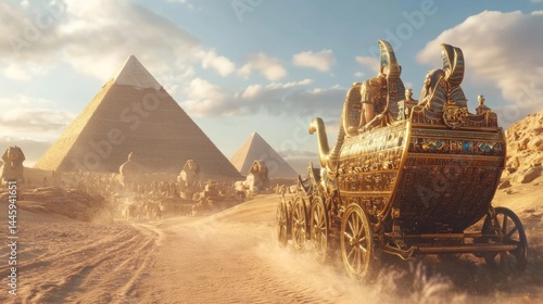 Golden chariot procession through ancient Egypt.  Vast desert landscape, pyramids in the background.  Ornate carriage laden with treasures