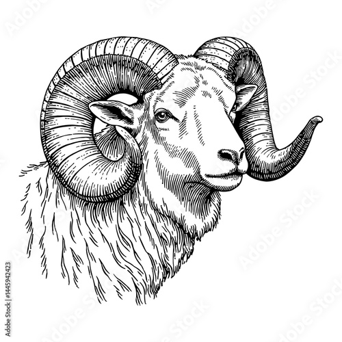 Bighorn Ovis Sheep Head Detailed Black and White Outline Line Art Drawing Illustration