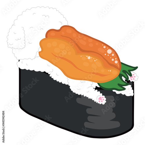 Bichon Frise lying on top of sea urchin roe and gunkanmali like rice
