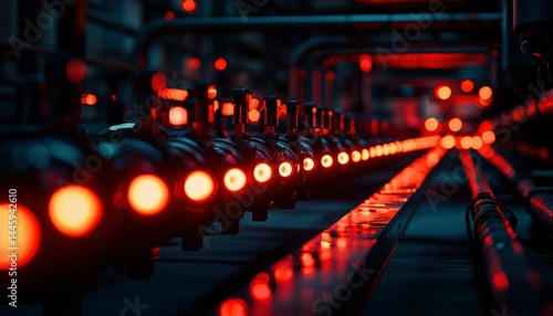 Industrial Pipeline with Red Lights