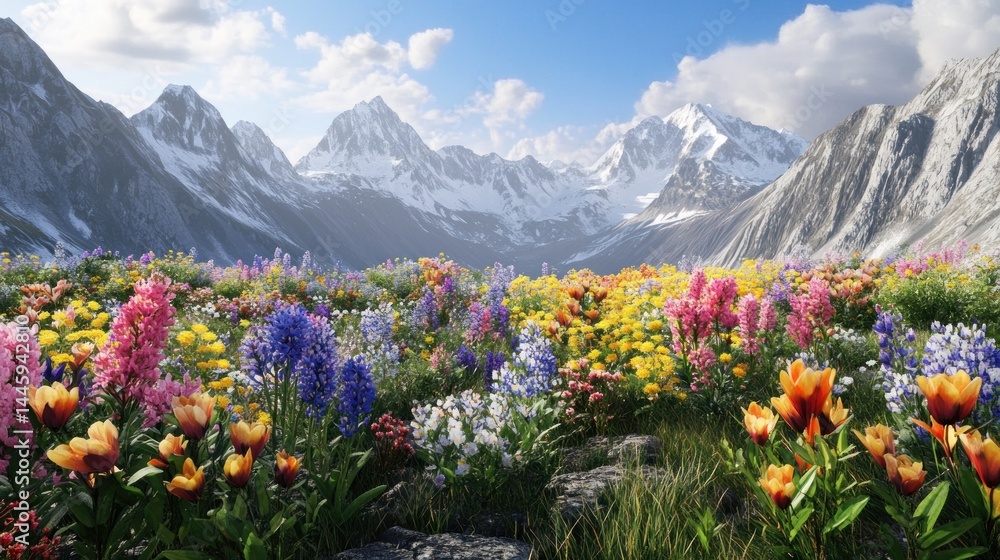 Obraz premium Vibrant alpine meadow bursts with wildflowers, snow-capped peaks in the background