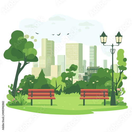 Springtime In A City Park, Flat vector, minimalist design, isolated on a white background.