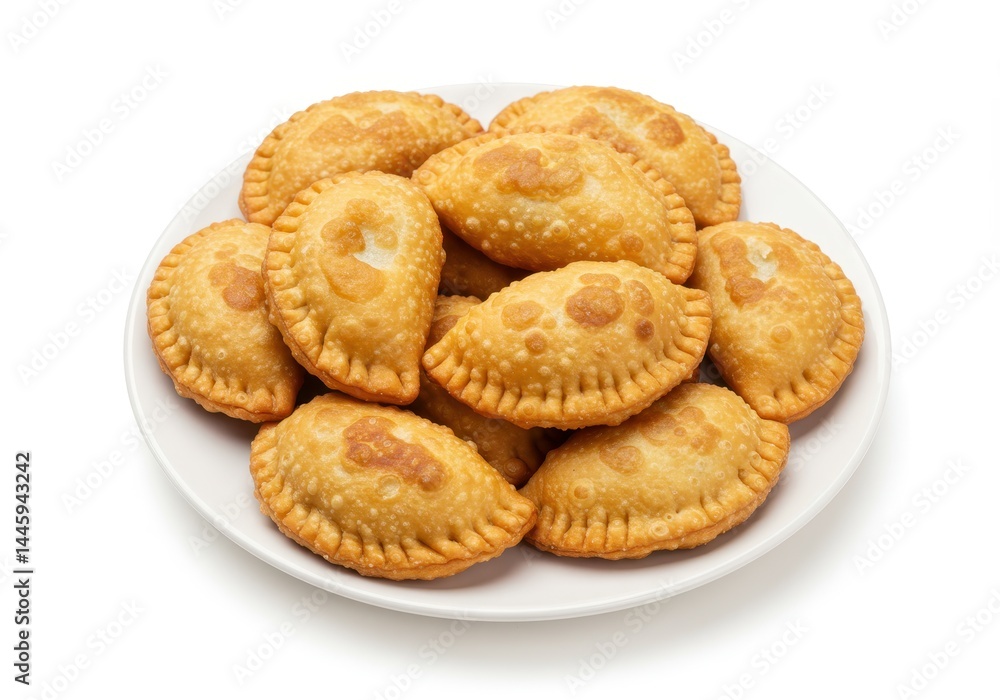 Plate of golden fried empanadas on a white background, ready to eat Plate of golden fried empanadas on a white background, ready to eat
