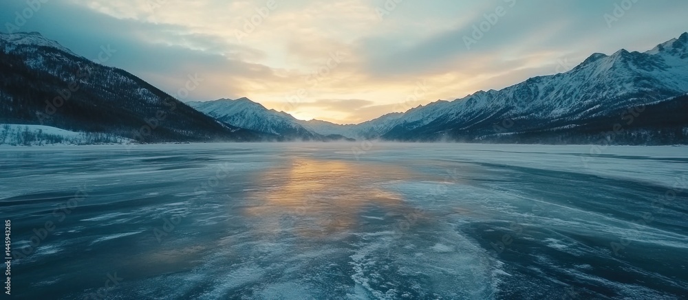 Naklejka premium Frozen Lake at Sunrise, Majestic Mountains