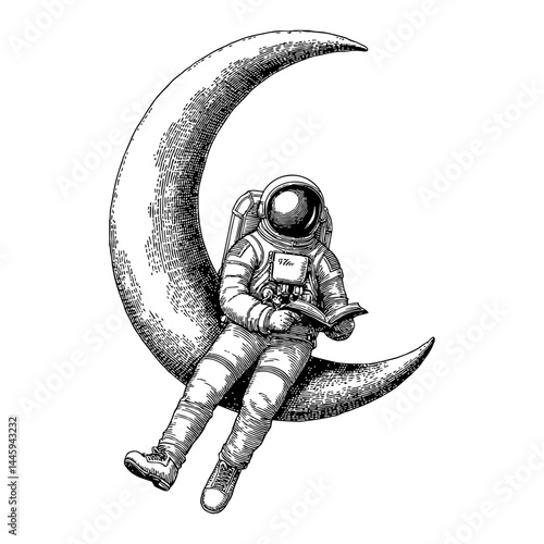 Astronaut Sitting on a Crescent Moon Reading Book Black and White Outline Line Art Drawing