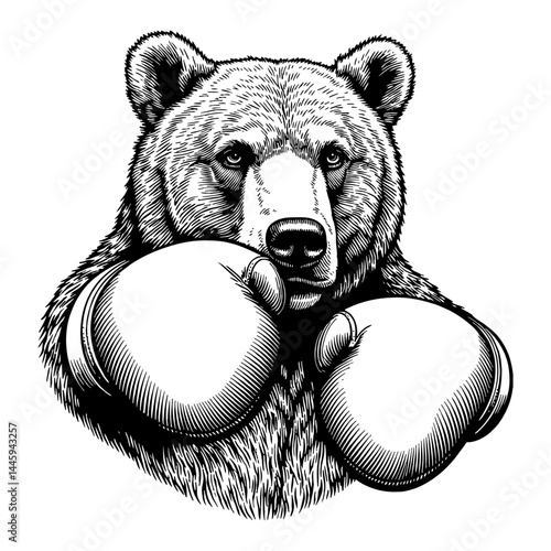 Bear Wearing Boxing Gloves punching and looking at the camera Bust Up Shot Black and White Outline Line Art Drawing