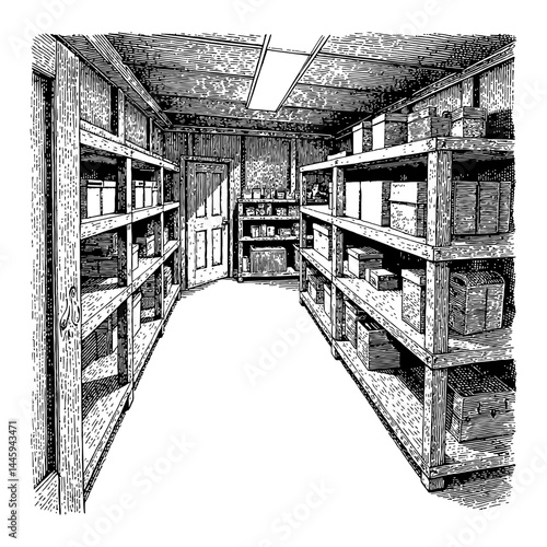 Darkroom Basement Storage Room with Shelves and Boxes Black and White Outline Line Art Drawing
