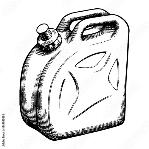 Single Isolated Portable Gas Can Object in Black and White Outline Line Art Drawing Engraved Style Illustration