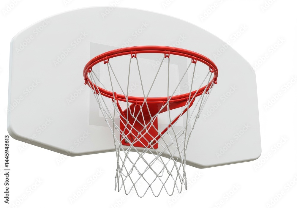 Naklejka premium Basketball Hoop with Red Rim and White Net - Sport, fitness, competition, teamwork, success. A red rimmed basketball hoop and white net against a white background