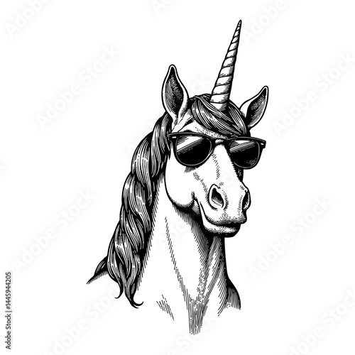 Cool Unicorn Wearing Sunglasses Head Closeup Black and White Outline Line Art Drawing Vintage Style