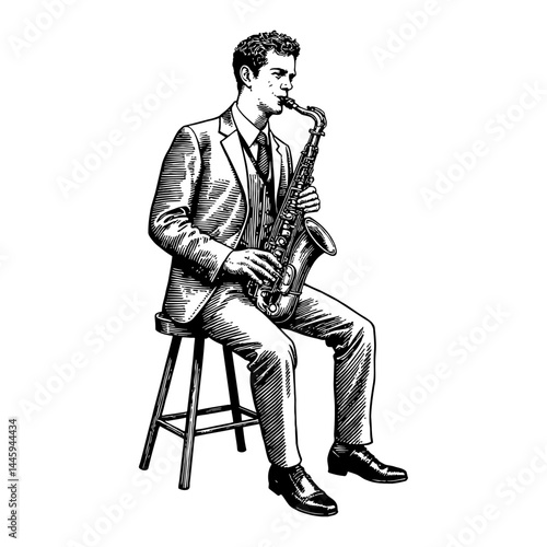 Man in Suit Playing Saxophone Seated on Stool Vintage Black and White Outline Line Art Drawing