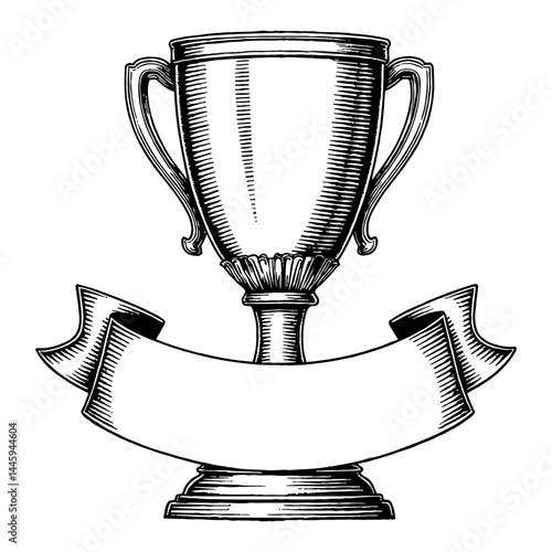 Antique Vintage Retro Style Trophy Cup with Blank Banner Black and White Outline Line Art Drawing