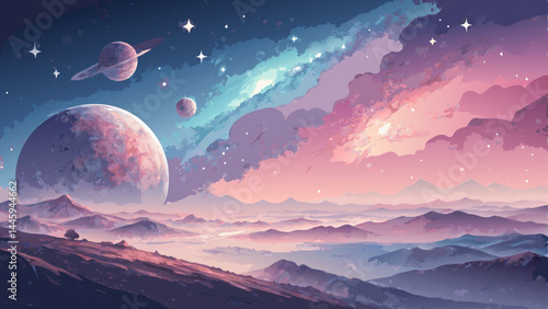 *Watercolor Cosmic Horizon Background – Ethereal Dawn on an Alien Planet with Starry Skies – Imaginative & Expansive with Copy Space*  