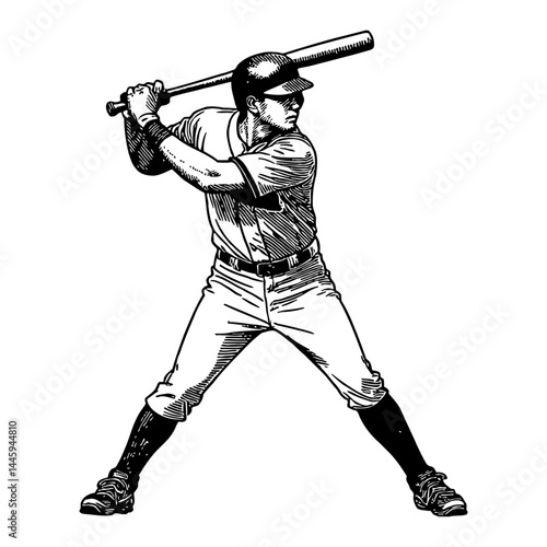 Retro style baseball player in batting pose Black and White Outline Line Art Drawing vintage isolated object
