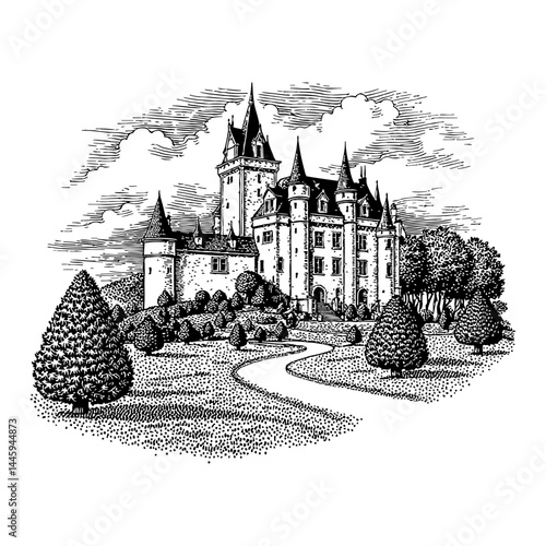 Vintage Engraving Style Castle on a Hill with Trees Detailed Black and White Outline Line Art Drawing