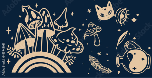 Hand-drawn vintage mystical and magic symbols illustration