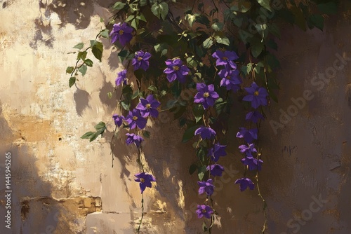 Purple flowers cascading down a light beige wall