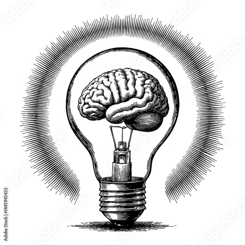 Brain Inside Lamp Bulb with Sunburst Effect Shiny Idea Black and White Outline Line Art Drawing