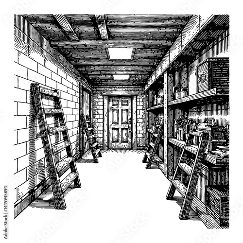 Darkroom Basement Interior with Multiple Ladders Black and White Outline Line Art Drawing