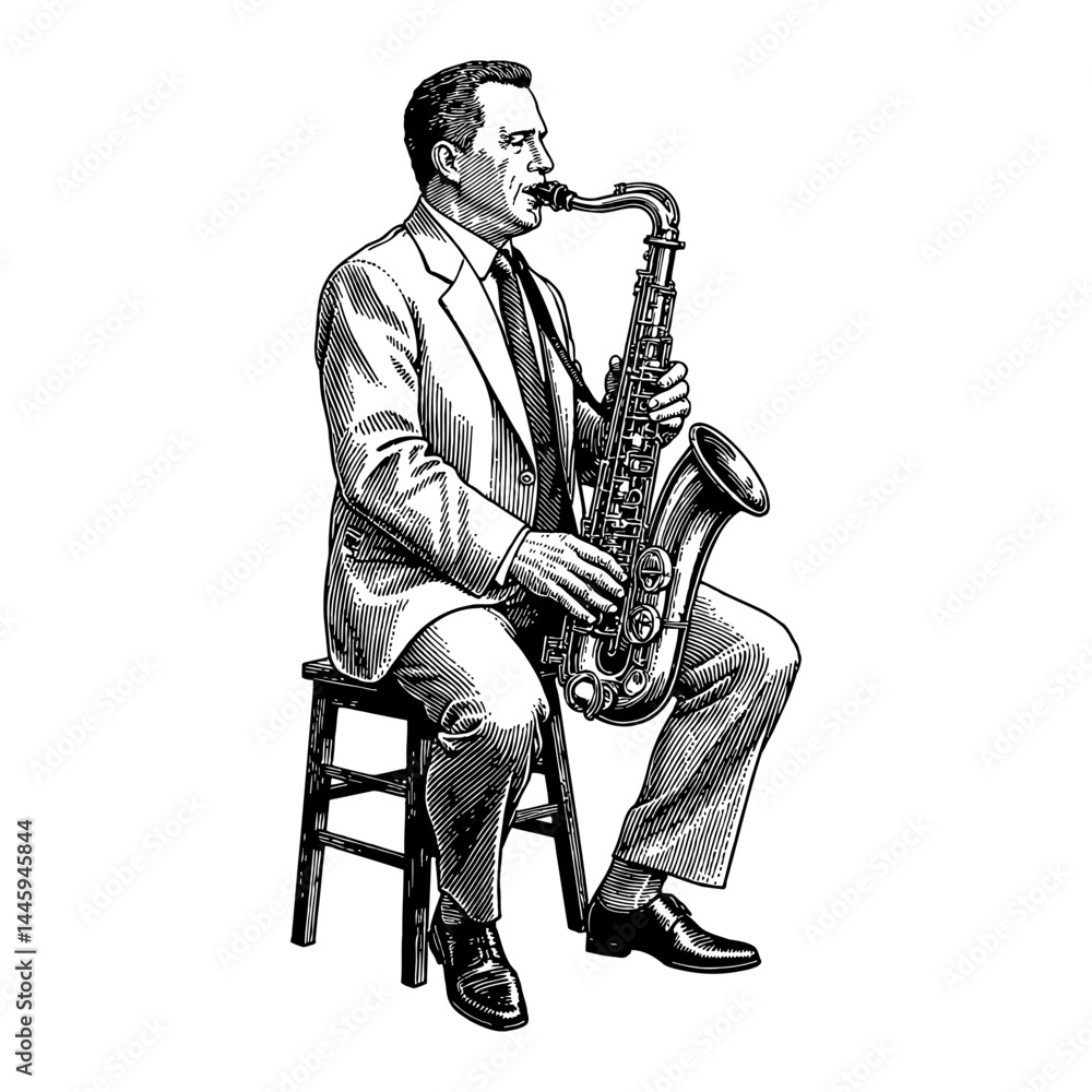 Naklejka premium Man in Suit Playing Saxophone Seated on Stool Vintage Black and White Outline Line Art Drawing