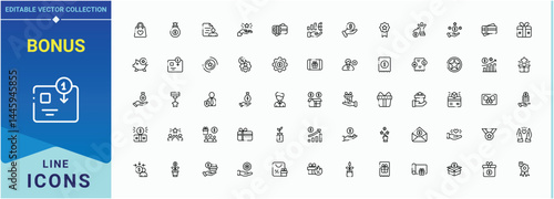 Bonus line icon set. Pack of gift, credit, incentive, token, present, benefit and more. Discount icon set. Trendy minimal icons. Vector illustration. Pixel perfect.
