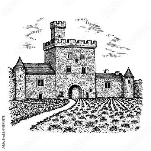 Detailed Medieval Stone Castle Illustration with Path and Fields Black and White Outline Line Art Drawing