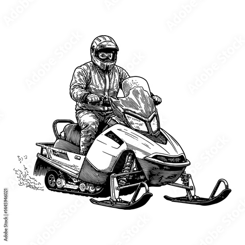 Isolated Rider on Snowmobile Vintage Engraving Style Black and White Outline Line Art Drawing