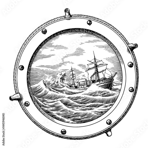 Ship Porthole View of Rough Sea Waves with Sailing Ship Black and White Outline Line Art Drawing