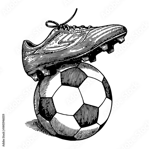 Classic Soccer Cleat on Top of Soccer Ball Black and White Outline Line Art Drawing Isolated Object