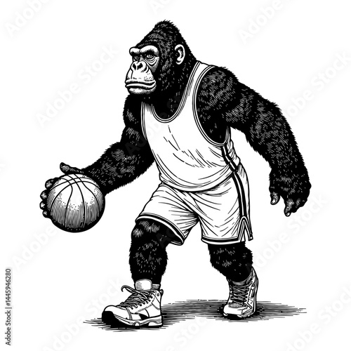 Angry Gorilla Basketball Player in Jersey Holding Ball Aggressive Stance Black and White Outline Line Art Drawing photo