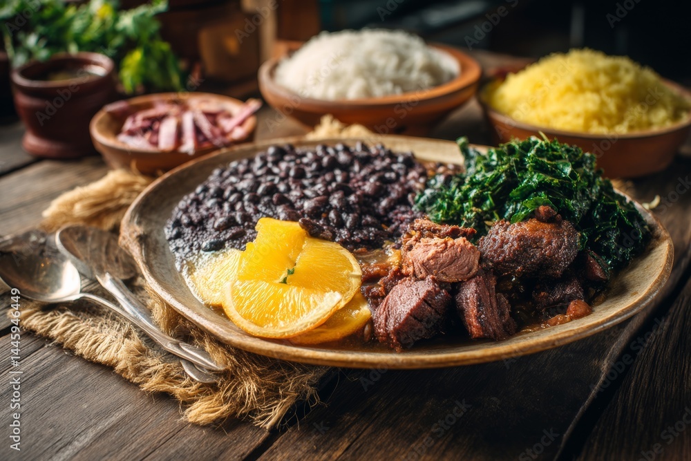 A delectable shot of Feijoada, a popular Brazilian stew with black beans, meat and sides. A delectable shot of Feijoada, a popular Brazilian stew with black beans, meat and sides.