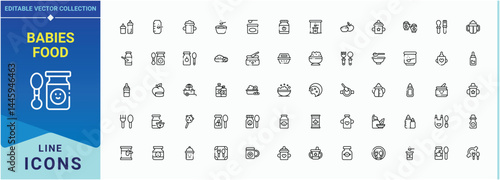 Babies Food icon set. Pack of baby, feeding, cereal, food, child, meal, milk and more. Modern thin line style icons. Pixel perfect. Vector illustration. Feed line icon set.