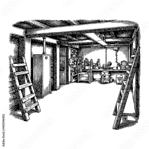 Darkroom Basement Interior View with Ladders Storage and Water Heater Vintage Black and White Outline Line Art Drawing Illustration Engraving