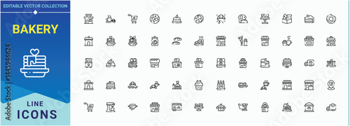 Bakery modern icon set. Containing pastry, cake, cook, cafe, kitchen, sweet, bake and more. Vector icons collection. Editable vector art. Bakery Shop icon set.