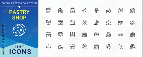 Pastry Shop icon collection. Contains outline symbols like cook, pastry, food, cafe, bake, sweet and more. Bakery icon set. Minimalist editable vector stroke. Editable stroke. Vector collection.