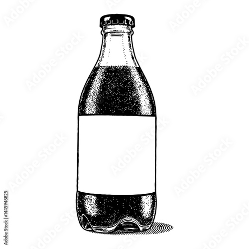 Classic Glass Soda Bottle with Blank Label Front View in Vintage Black and White Outline Line Art Drawing Style