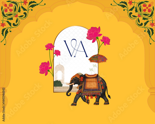 Elegant Indian wedding logo featuring VA monogram and elephant.