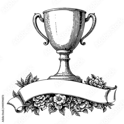 Antique Trophy Cup with Blank Banner and Flowers Engraving Style Black and White Outline Line Art Drawing