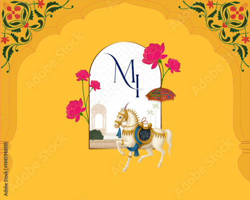 Horse Theme Wedding Logo Design In Yellow Background-0Traditional Indian wedding emblem with horse and MH initials1