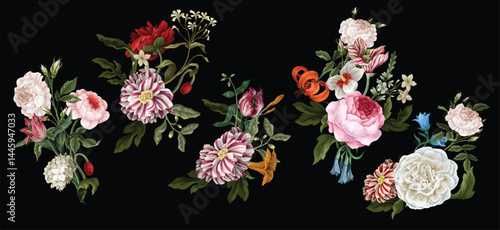 Bouquets with oil painting rococo still-lifes flowers. Vector.