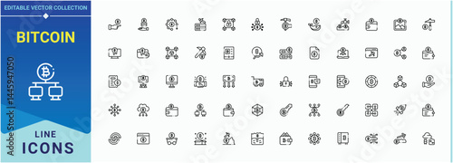 Bitcoin linear icon collection. Crypto icon pack. Modern thin line style icons. Containing crypto, tech, virtual, mining, wallet and more. Pixel perfect. Editable vector.