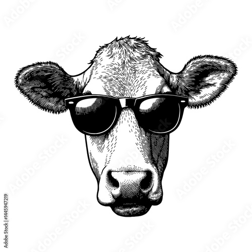 Cool Cow Head Wearing Sunglasses Front View Engraved Style Black and White Outline Line Art Drawing