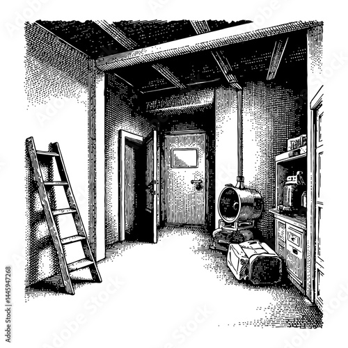 Darkroom Basement with Ladders Messy Cluttered Room Black and White Outline Line Art Drawing Illustration Engraving